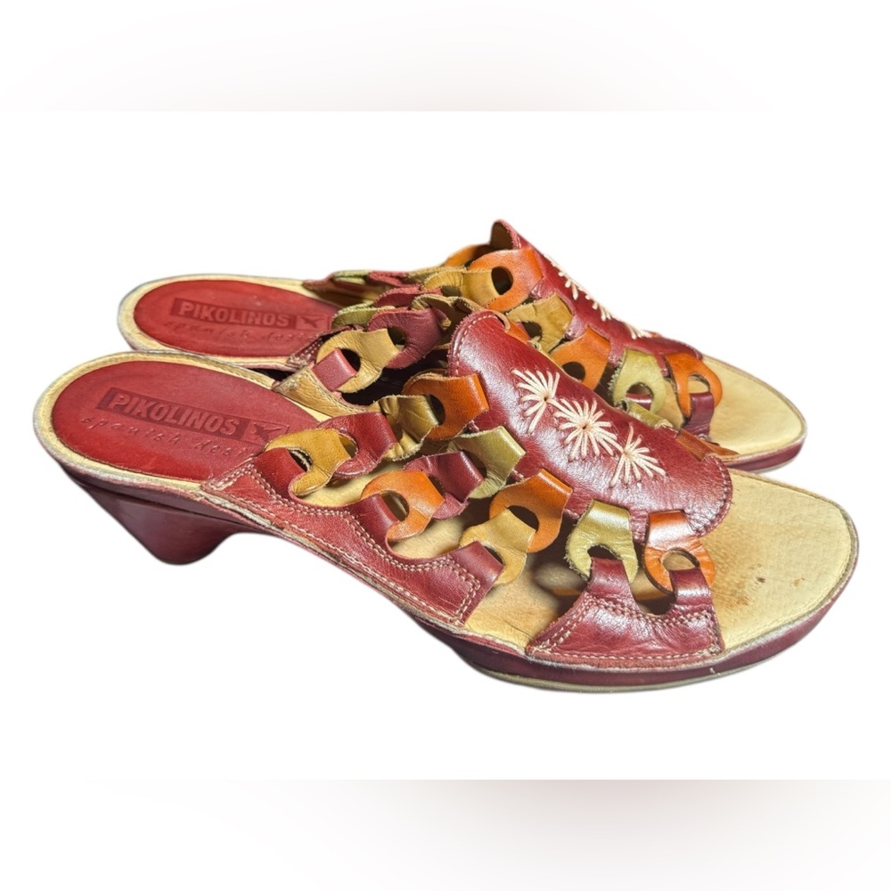 Pikolinos Leather Woven Slide Sandals Red Multi Color Heel Sz 36 / US 6 Spain
